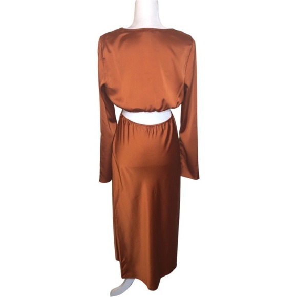 NWT WAYF Rust Cutout Midi Evening Dress Long Sleeve V Neck Bronze Copper Small - Picture 2 of 16